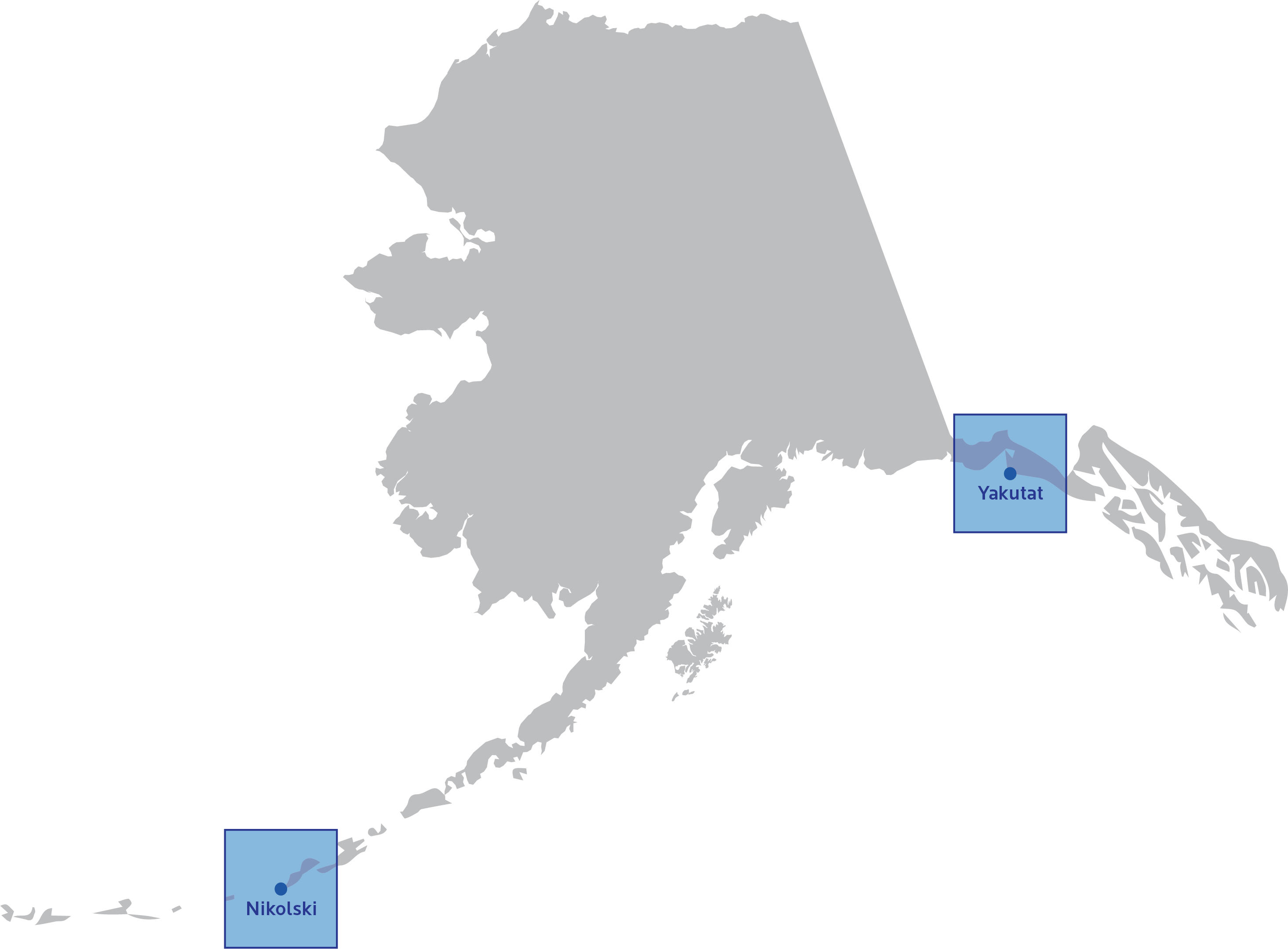 Map of Alaska with Yukata and Nikolski highlighted.